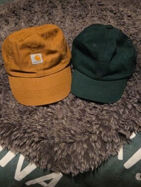 Carhartt Mustard Yellow Cap And Ralph Lauren Forest Green Hat For Infant.